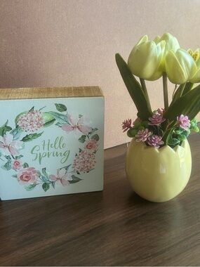 Yellow Ceramic Tulip Bud Vase with Pink Floral Accents + Hello Spring sign